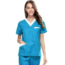 Load image into Gallery viewer, High Quality Women&#39;s Medical Uniforms Scrub TOP Short Sleeved V-neck Color Blocking Top Surgery Pharmacy Clothes (juat A Top)