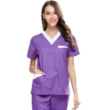 Load image into Gallery viewer, High Quality Women&#39;s Medical Uniforms Scrub TOP Short Sleeved V-neck Color Blocking Top Surgery Pharmacy Clothes (juat A Top)