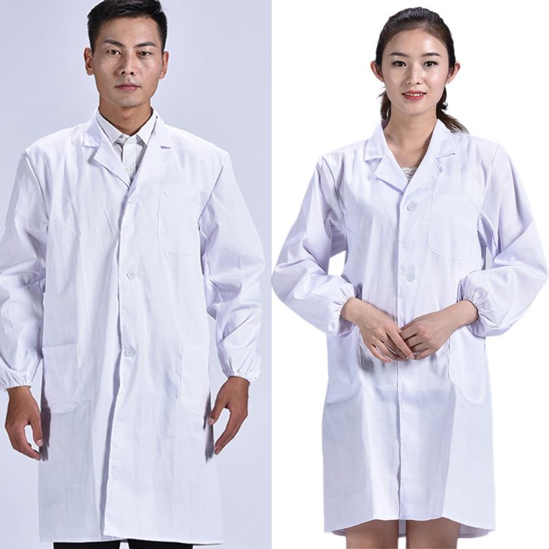Unisex Long Sleeve White Lab Coat Men Women Lapel Collar Button Down Medical Doctor Blouse with Pockets Doctor Nurse Uniform