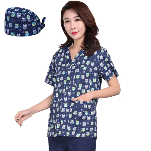 women scrubs for Pet grooming Uniform Nurse Suit Blouse Surgical Medical scrubs tops+ scrub cap