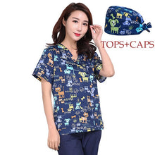 Load image into Gallery viewer, women scrubs for Pet grooming Uniform Nurse Suit Blouse Surgical Medical scrubs tops+ scrub cap