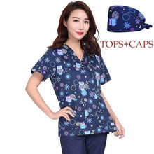 Load image into Gallery viewer, women scrubs for Pet grooming Uniform Nurse Suit Blouse Surgical Medical scrubs tops+ scrub cap