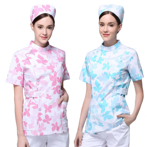 2017 New Design Flower Print Nurse Scrub Sets Women Summer Short Sleeve Maternity Matron Clothing Housekeeping Work Uniform