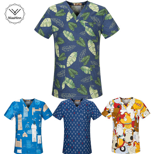 New Fresh Print Design Cotton Medical Scrub Tops Unisex Hospital Workwear Uniforms Short Sleeve Scrub Lab Clothes Nurse Uniform